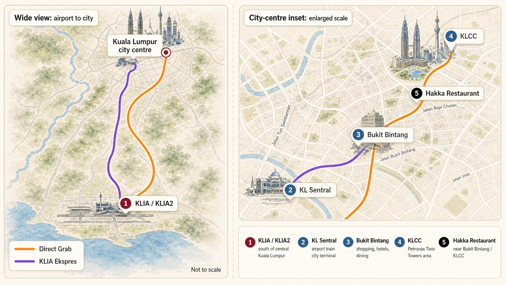 KLIA、KL Sentral、Bukit Bintang、KLCC、Hakka Restaurantの位置関係を示す概略マップ