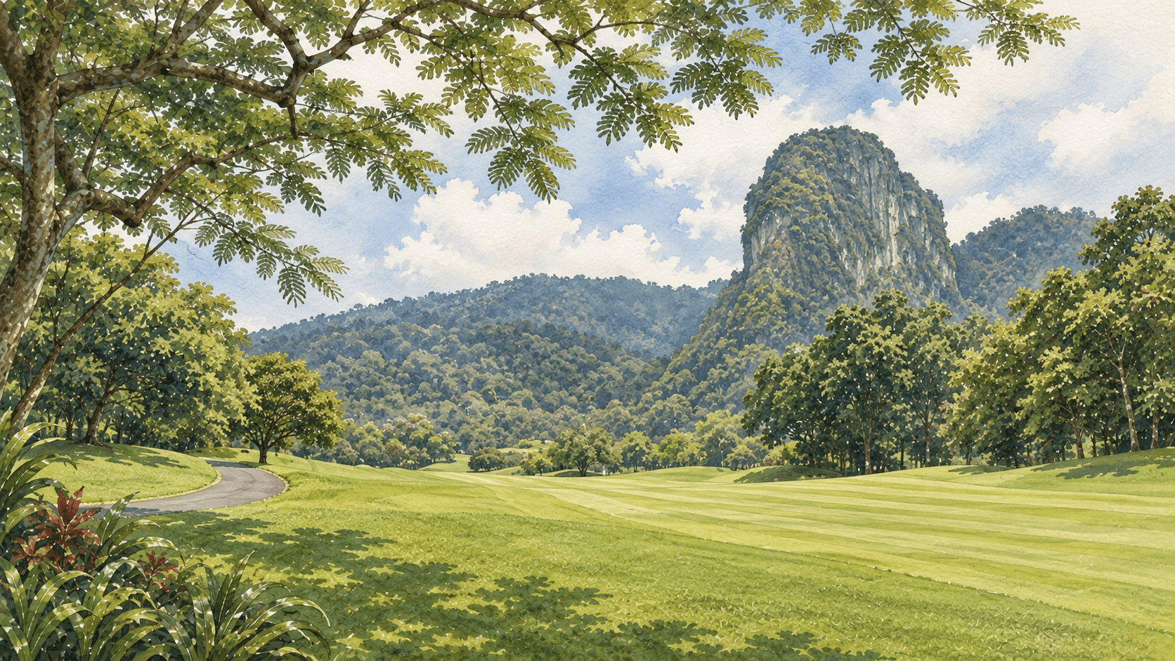 Templer Park Country Clubの会場イメージ。Bukit Takunの石灰岩の山と森林、緑のフェアウェイを描いた水彩画風イラスト